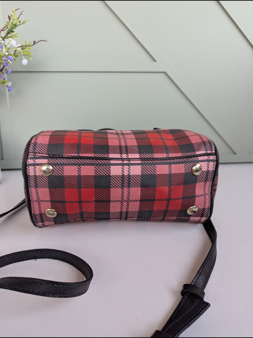 Coach Mini Bennett Satchel featuring a red, pink, andblack Riley Plaid print - Picture 7 of 13
